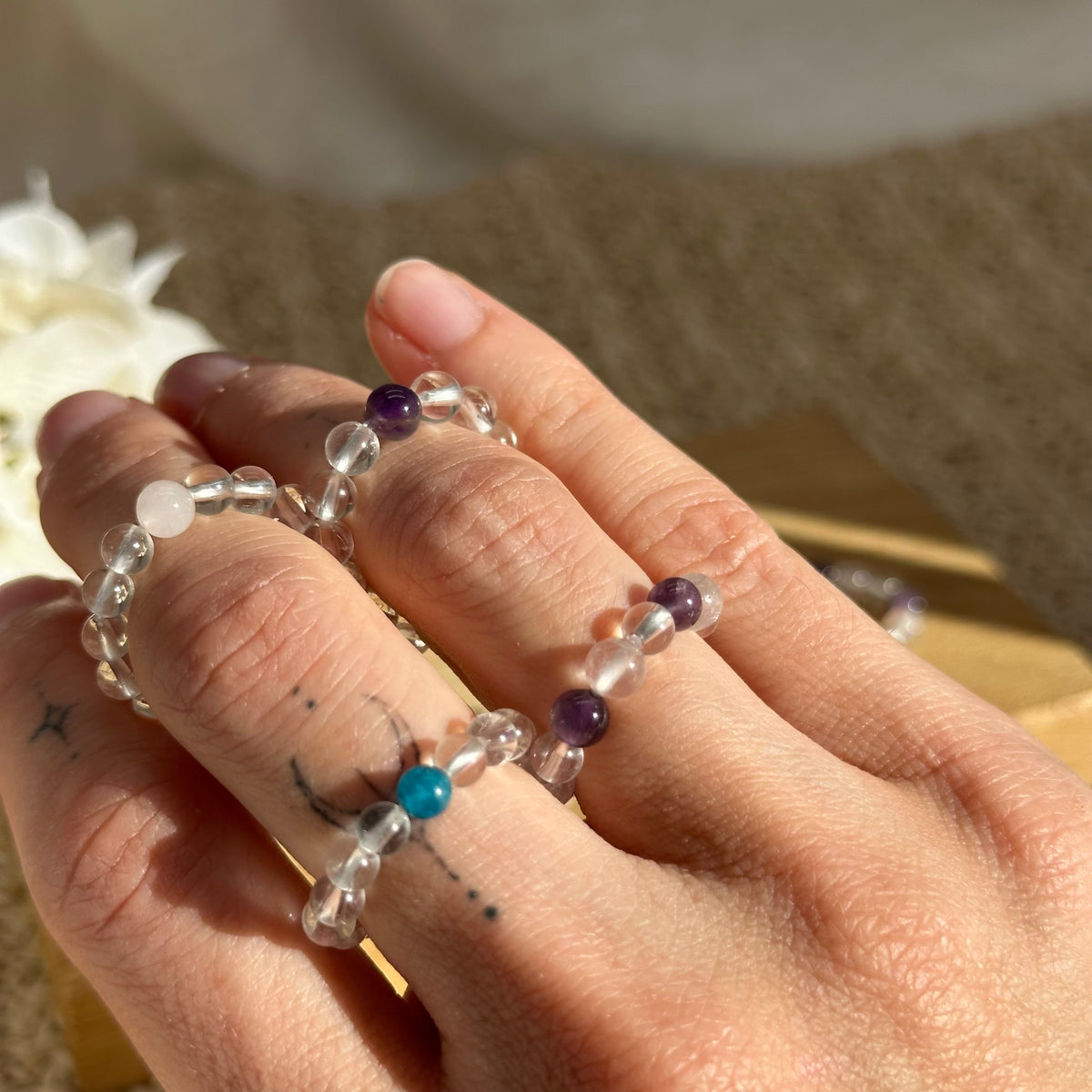 Bergkristall Perlen Ring (mit Amethyst, Rosenquarz oder Apatit)