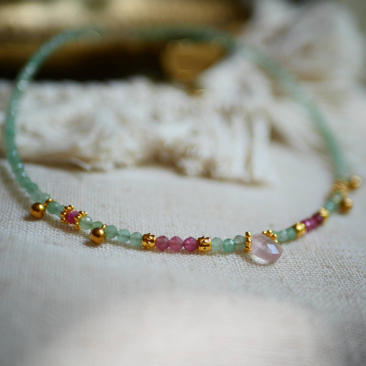 Grüner Aventurin, pinker Topaz Halskette