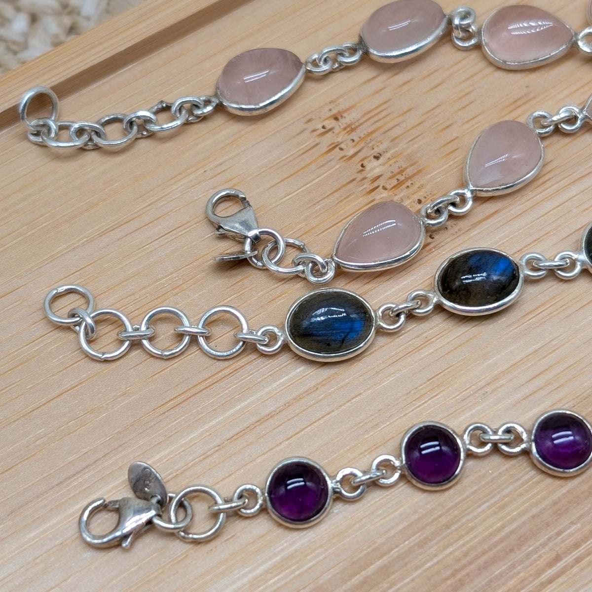 Silber Armband Amethyst, Rosenquarz, Labradorit