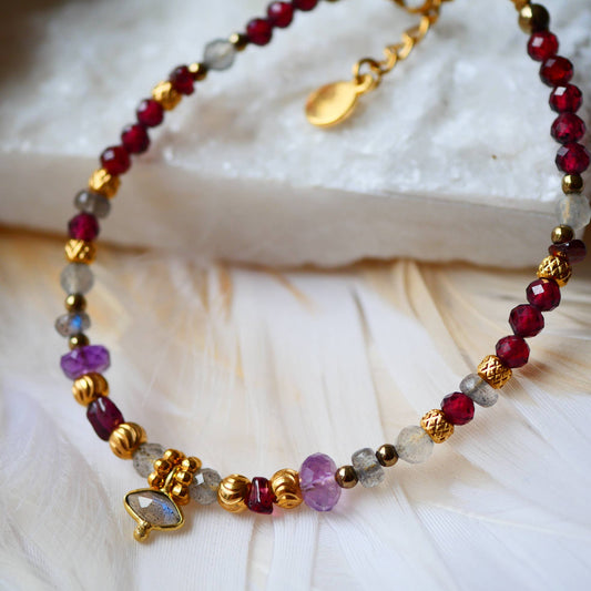 Granat, Labradorit, Amethyst Armband facettiert