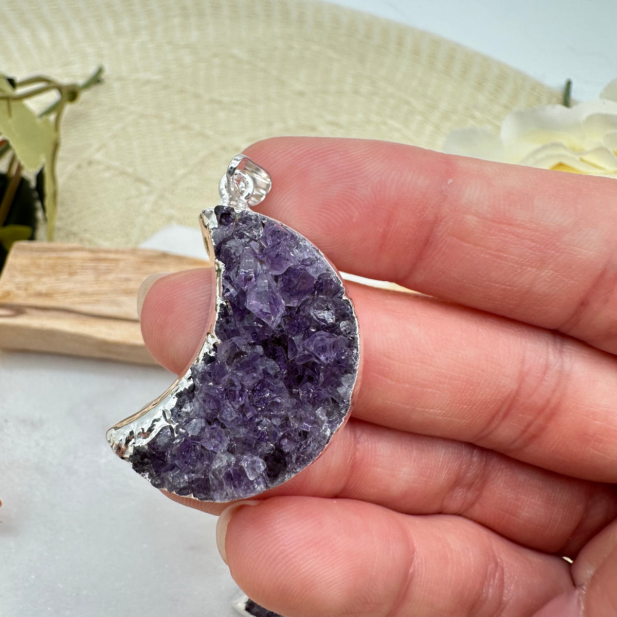 Druzy Amethyst Mond Kettenanhänger silberfarben