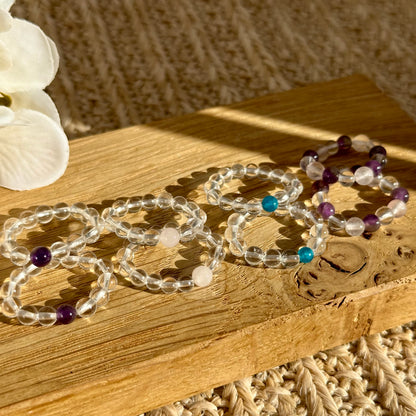 Bergkristall Perlen Ring (mit Amethyst, Rosenquarz oder Apatit)