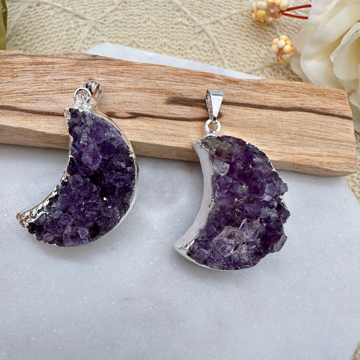 Druzy Amethyst Mond Kettenanhänger silberfarben