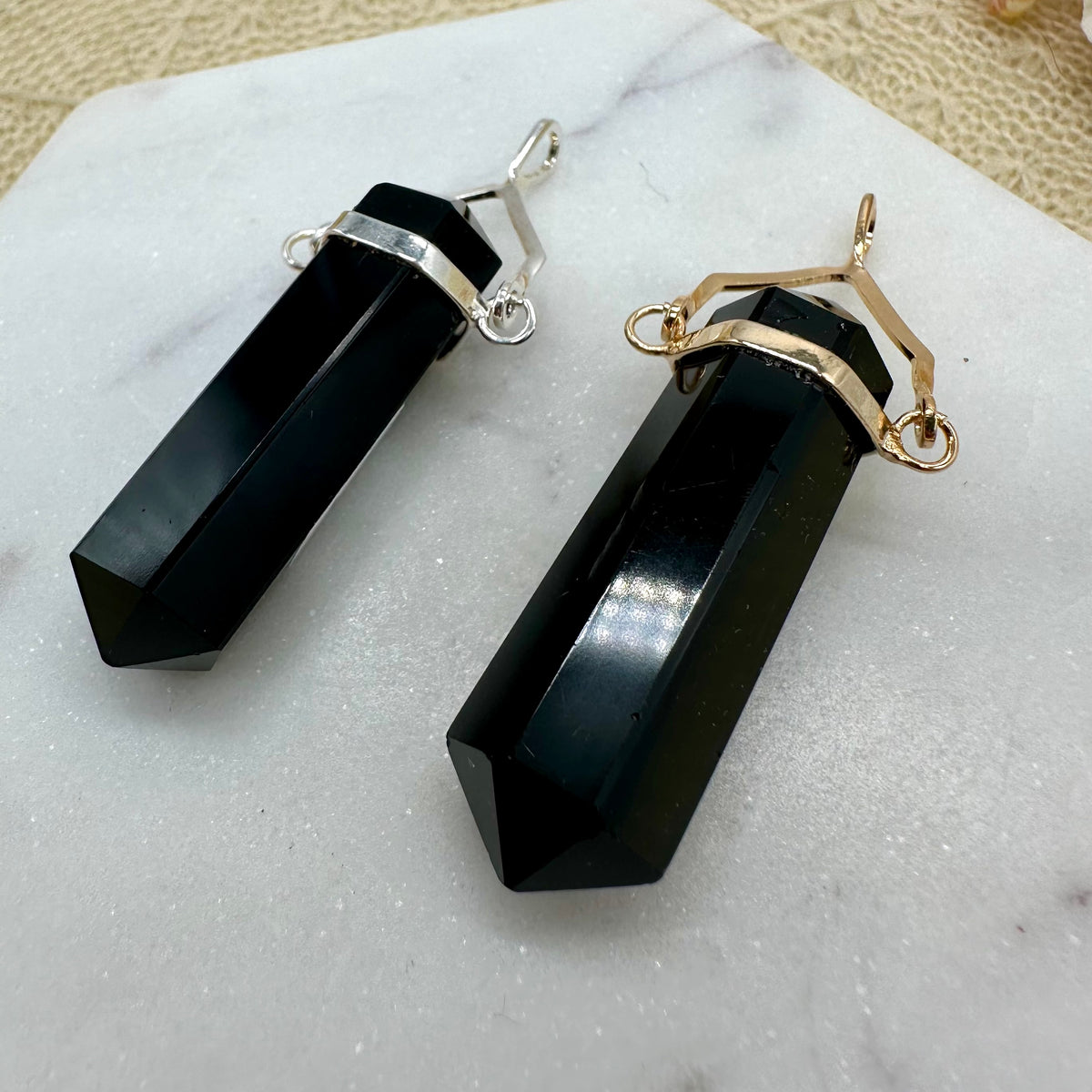 Obsidian Doppelspitze gold silber Anhänger 