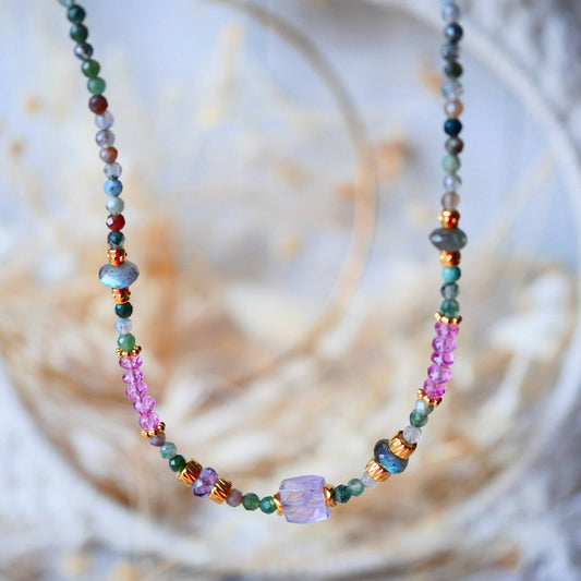 Halskette mit Indian Achat, Ametrin und feinen vergoldeten Charms