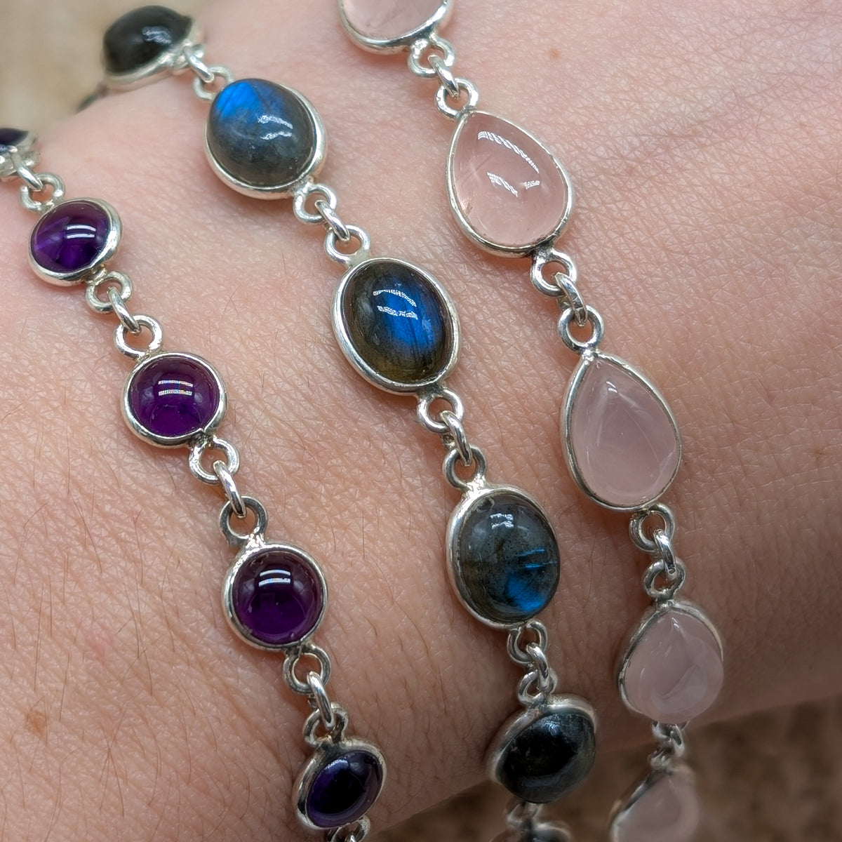 Silber Armband Amethyst, Rosenquarz, Labradorit